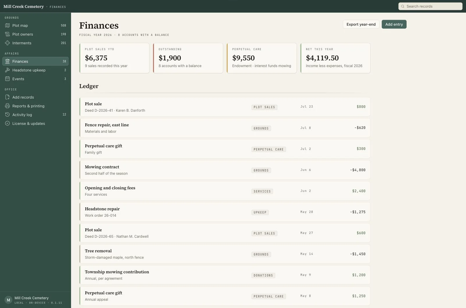 Sexton's cemetery finance screen.
