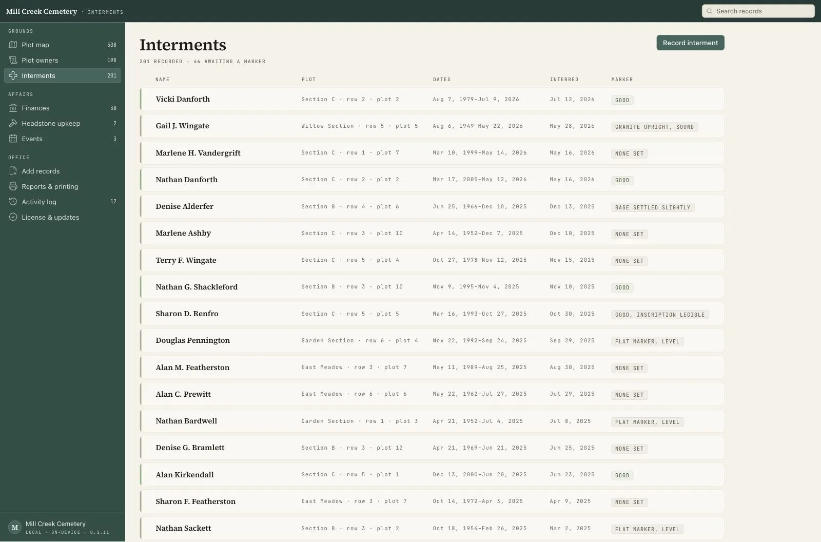 Sexton's burial records list.