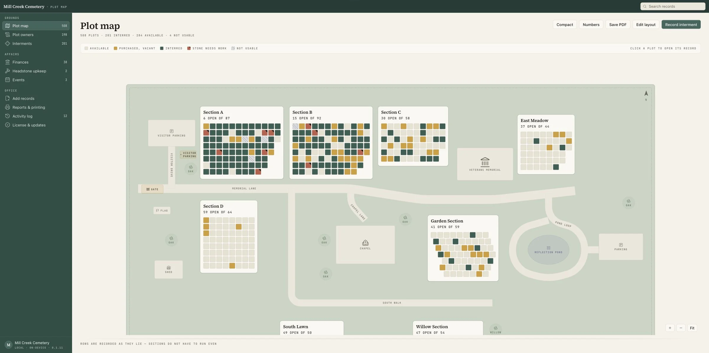 Sexton's plot map with cemetery sections, roads, landmarks, and colored grave spaces.